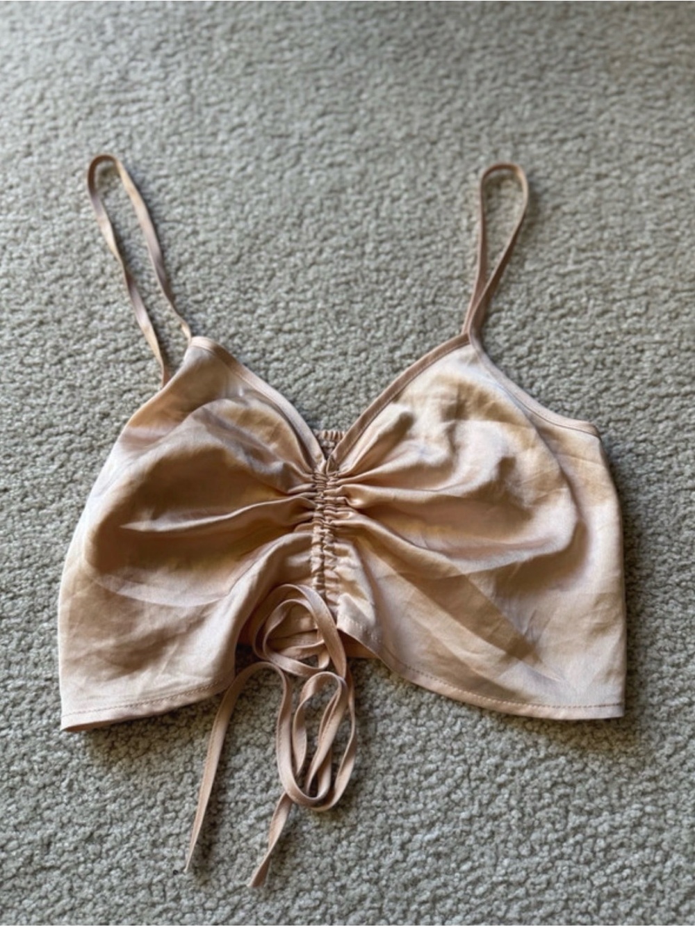 Polly Adjustable Ruched Spaghetti Strap Crop Top in Nude - y2k
